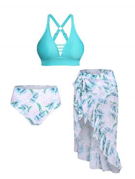 Beach Swimsuit Ladder Cut Out Crisscross Leaf Print Ruffle Bowknot Asymmetrical Hem Three Piece Tankini Swimwear