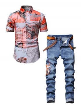 Short Sleeve Beach Landscape Print Button Up Shirt and Monkey King Embroidery Patchwork Scratches Jeans Casual Outfit