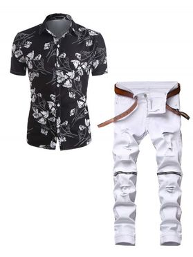 Short Sleeve Flower Print Button Up Vacation Shirt and Destroy Wash Zipper Embellishment Jeans Casual Outfit