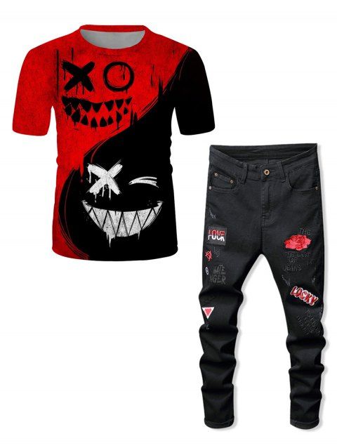 Short Sleeve Perforated Devil Smiling Face Print T Shirt and Flower Letter Embroidery Scratches Jeans Casual Outfit