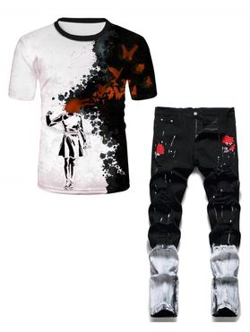 Short Sleeve Butterfly Devil Painting Print T Shirt and Ripped Flower Embroidery Splatter Painting Destroy Wash Jeans Casual Outfit