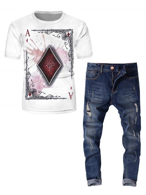 Playing Card Print Short Sleeve Graphic T Shirt and Distressed Destroy Wash Straight Ripped Jeans Casual Outfit