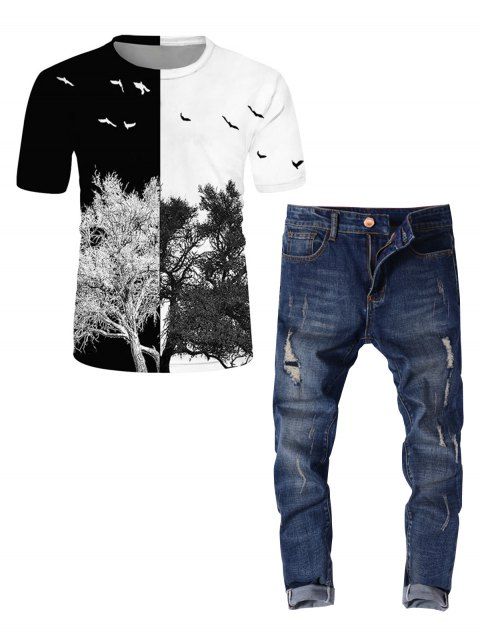 Tree Bird Print Short Sleeve Two Tone T Shirt and Distressed Long Destroy Wash Straight Ripped Jeans Casual Outfit