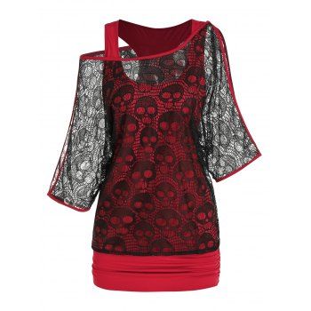 

Skull Lace Insert Faux Twinset Top, Multicolor a