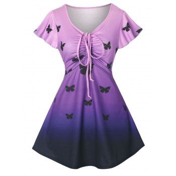 

Ombre Butterfly Print Cinched Flutter Sleeve T-shirt, Purple