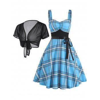 

Vintage Plaid Print Lace Insert Bowknot A Line Dress and Sheer Mesh Open Front Crop Cover Up Summer Outfit, Multicolor
