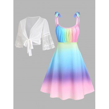 

Ombre Ruched Bust Tie Shoulder High Waist Sundress and Sheer Crochet Lace Mesh Bell Sleeve Open Front Bowknot Cropped Cover Up Summer Outfit, Multicolor