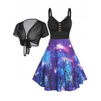 

Galaxy Print Ruched Mock Button High Waist A Line Cami Dress and Sheer Mesh Open Front Bowknot Crop Cover Up Summer Outfit, Multicolor