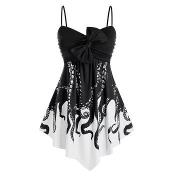 

Plus Size Tank Top Octopus Print Bowknot Ruched Empire Waist Summer Casual Top, Black