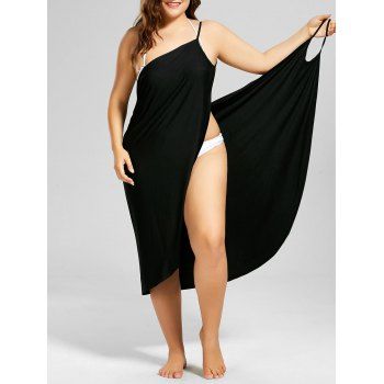 

Plus Size Beach Cover Up Plunging Neck Black Open Back Slit Wrap Cover-up Dress