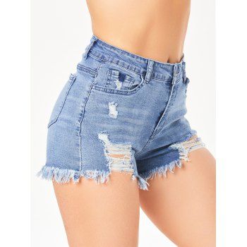 

Summer Denim Shorts Pockets Frayed Hem Distressed Zipper Fly Shorts, Blue