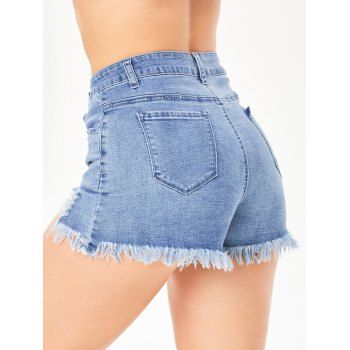 Summer Denim Shorts Pockets Frayed Hem Distressed Zipper Fly Shorts