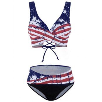 

Summer Vacation Swimsuit American Flag Striped Print Patriotic Lace Up Crisscross Bikini Swimwear, Red