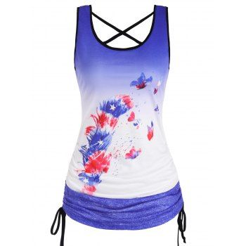 

Clock Floral Print Cinched Criss Cross Ringer Tank Top, Blue