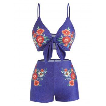

Vintage Swimsuit Bowknot Floral Denim Print Tummy Control Bikini Swimwear, Blue