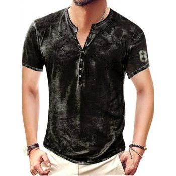 Vintage Casual T Shirt Half Button Heather Skull Print Short Sleeve Round Neck Summer Tee