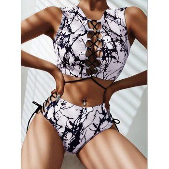 

Cut Out Lace Up Swimsuit Tree Branches Print Padded Two Piece Tankini Swimwear, White