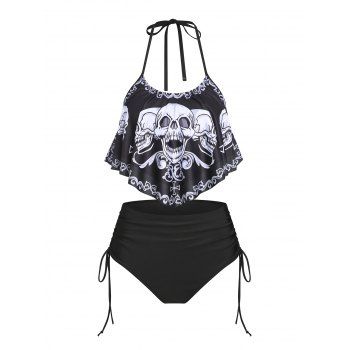 

Skull Print Gothic Swimsuit Flounced Halter Padded Cinched Tankini Swimwear Two Piece Set, Black
