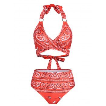 

Paisley Print Bohemian Swimsuit Cross Midriff Flossing Halter Bikini Swimwear Two Piece Set, Deep red