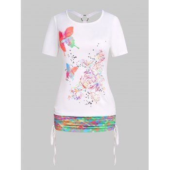 

Plus Size Casual T Shirt Butterfly Rose Print Cut Out Ruched Cinched Summer Tee, White