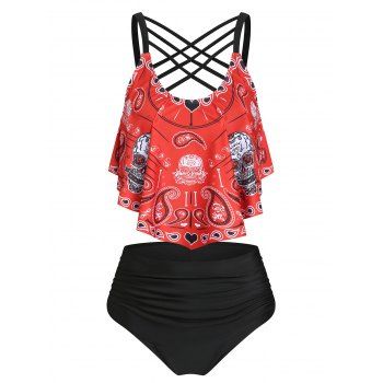 

Skull Paisley Gothic Tummy Control Swimsuit Crisscross Flounce High Rise Tankini Swimwear, Deep red