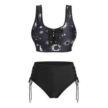 

Lace Up Summer Beach Swimsuit Sun Moon Star Print High Waist Tankini Swimwear, Black