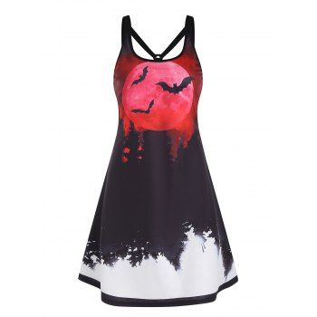 

Bat Blood Moon Night Print Mini Dress Sleeveless Open Back A Line Dress, Black