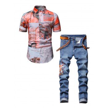 

Short Sleeve Beach Landscape Print Button Up Shirt and Monkey King Embroidery Patchwork Scratches Jeans Casual Outfit, Orange