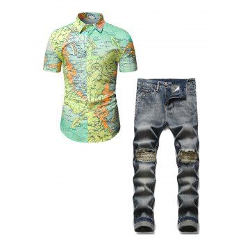 

Map Allover Print Short Sleeve Button Up Shirt and Pockets Distressed Destroy Wash Jeans Casual Outfit, Light green