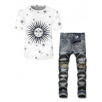 

Sun and Star Short Sleeve Printed Vintage T Shirt and Destroy Wash Straight Jeans Casual Outfit, Multicolor
