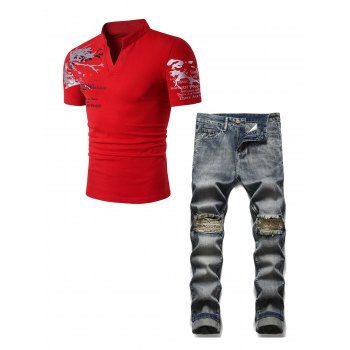 V Notched Graphic Short Sleeve Stand-up Collar T Shirt and Distressed Destroy Wash Jeans Casual Outfit