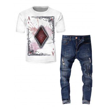 

Playing Card Print Short Sleeve Graphic T Shirt and Distressed Destroy Wash Straight Ripped Jeans Casual Outfit, White