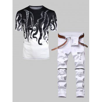

Short Sleeve Octopus Printed T Shirt and Destroy Wash Zipper Embellishment Jeans Casual Outfit, Black