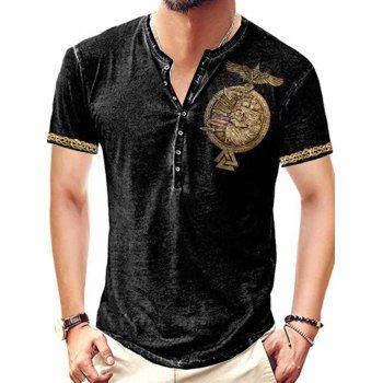 

Vintage T Shirt Eagle Badge Print Half Button Short Sleeve Round Neck Casual Summer Tee, Yellow