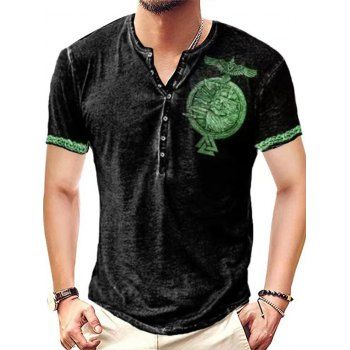 

Vintage T Shirt Eagle Badge Print Half Button Short Sleeve Round Neck Casual Summer Tee, Green