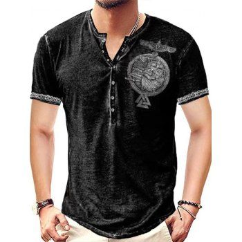 

Vintage T Shirt Eagle Badge Print Half Button Short Sleeve Round Neck Casual Summer Tee, Gray