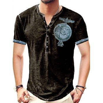 

Vintage T Shirt Eagle Badge Print Half Button Short Sleeve Round Neck Casual Summer Tee, Blue