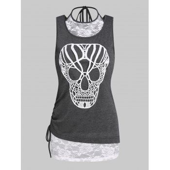 

2 In 1 Gothic Tank Top Corchet Skull Pattern Rose Flower Lace Panel Cinched Tie Top, Dark gray