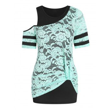 

Flower Crochet Lace Skew Neck Short Sleeve T Shirt And Plain Tank Top Two Piece Set, Light green
