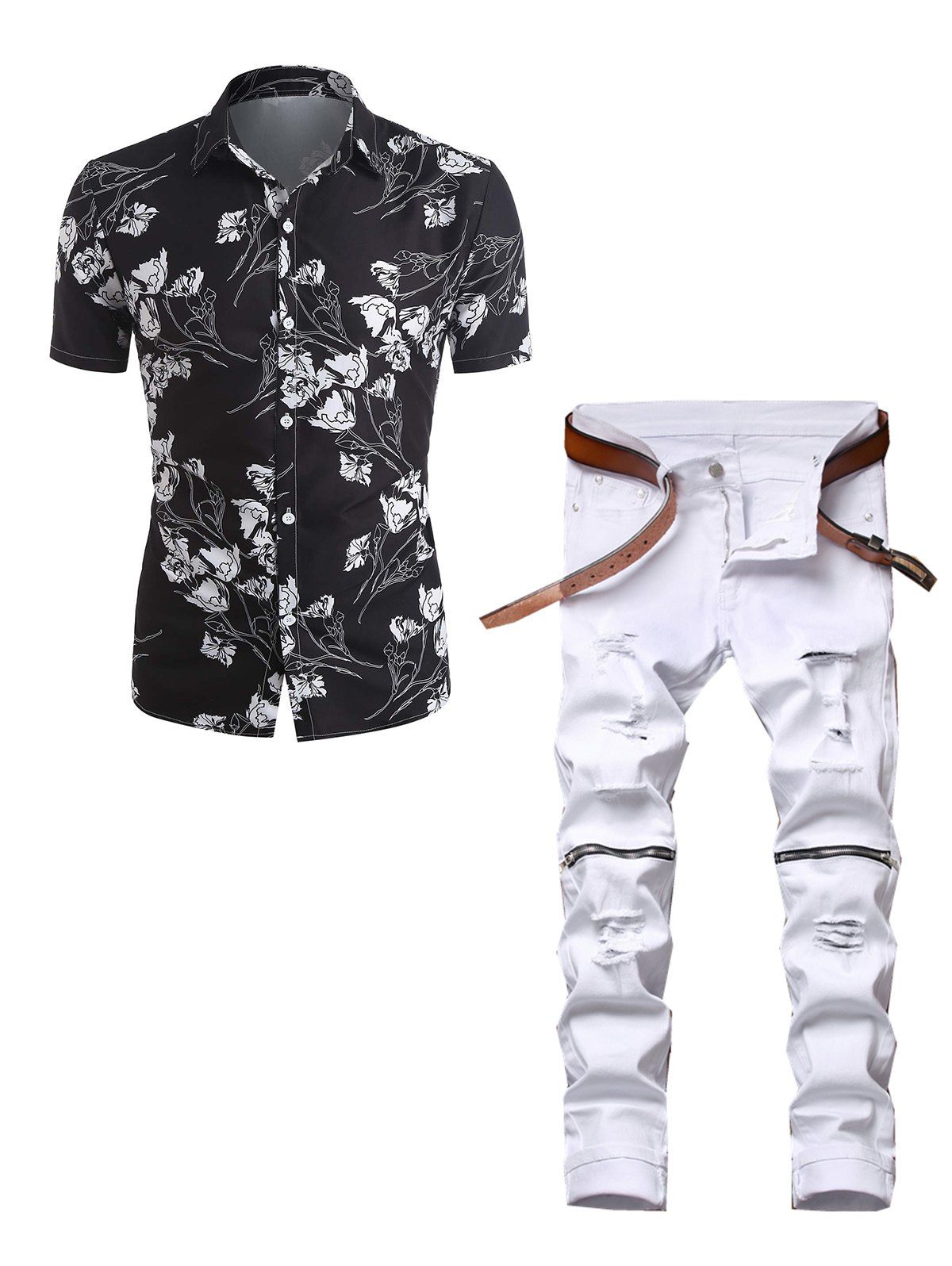 Short Sleeve Flower Print Button Up Vacation Shirt and Destroy Wash Zipper Embellishment Jeans Casual Outfit - BLACK M