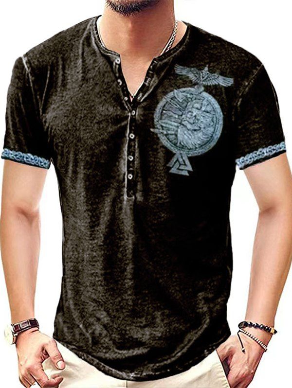 T-Shirt D'Eté Décontracté Vintage à Imprimé Aigle Badge à Demi-Bouton Manches Courtes à Col Rond - Bleu XL