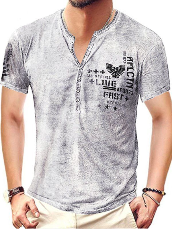 T-shirt D'Eté Décontracté Vintage Marbré avec Demi-Bouton à Manches Courtes - Blanc XL