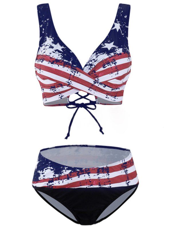 Summer Vacation Swimsuit American Flag Striped Print Patriotic Lace Up Crisscross Bikini Swimwear - RED L