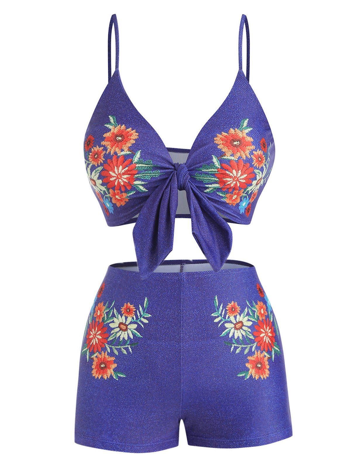 Maillot de Bain Bikini Vintage Gainant à Imprimé Fleuri avec Nœud Papillon en Denim - Bleu XL