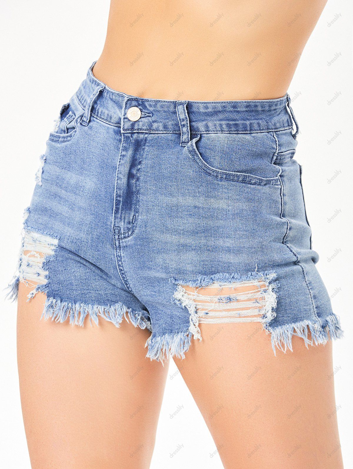 Summer Denim Shorts Pockets Frayed Hem Distressed Zipper Fly Shorts 