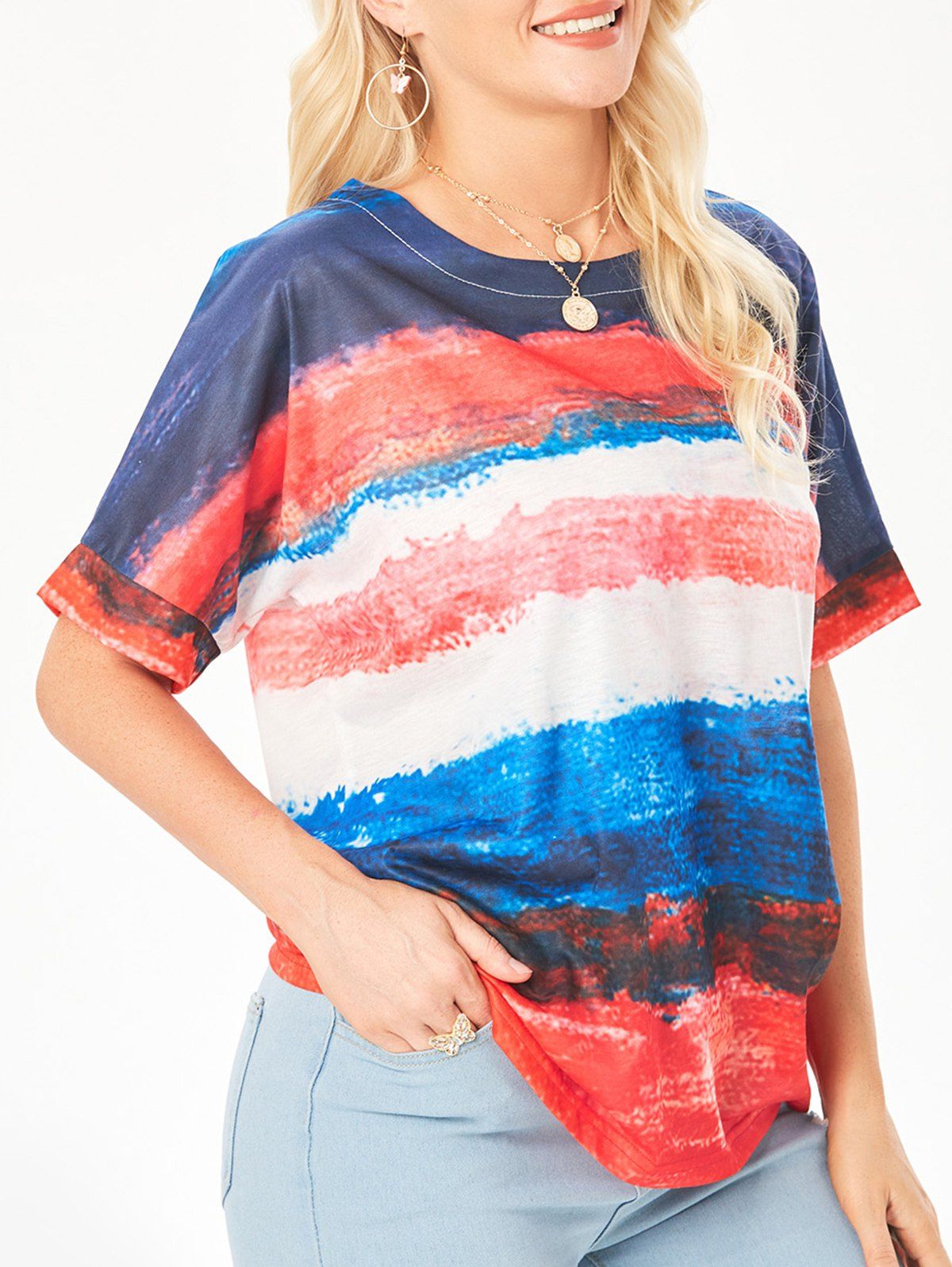 T-Shirt à Manches Chauve-Souris avec Imprimé Coloré - multicolor A M