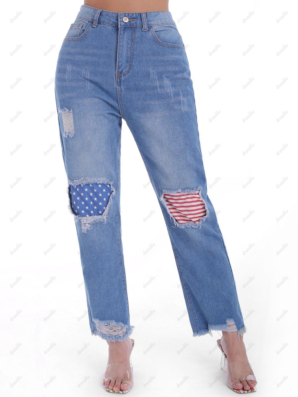 American Flag Patches Ripped Jeans Raw Hem Long Straight Distressed Denim Pants 