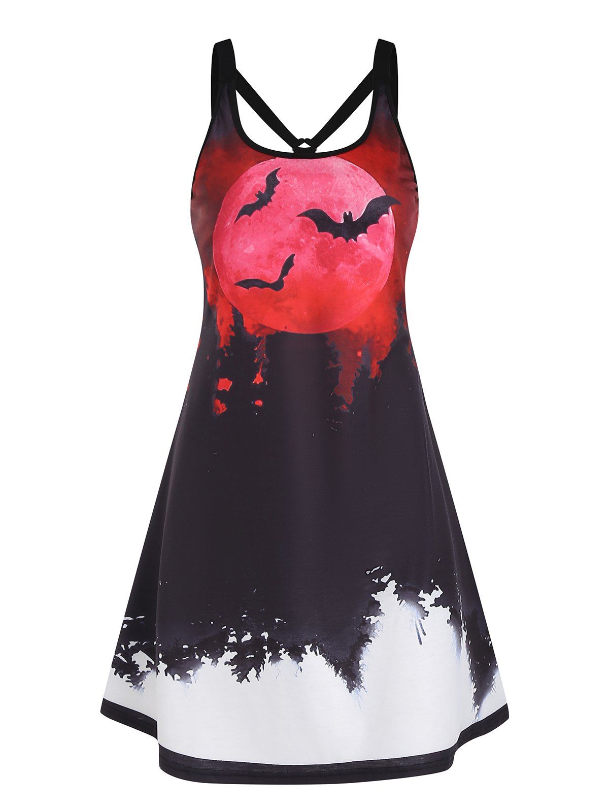 Halloween Bat Blood Moon Night Print Mini Dress Sleeveless Open Back A Line Dress - BLACK XL