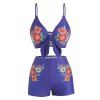 Maillot de Bain Bikini Vintage Gainant à Imprimé Fleuri avec Nœud Papillon en Denim - Bleu S