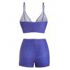 Vintage Swimsuit Bowknot Floral Denim Print Tummy Control Bikini Swimwear - BLUE XL